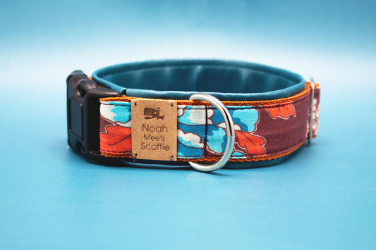 Hundehalsband Nanami mit asiatischem Blumendesign in Rotbraun, Kupfer und Petrol