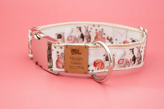 Hundehalsband PAWLICIOUS – Hunde Motiv in hellen bunten Farben, modern, liebevoll, robust, verstellbar