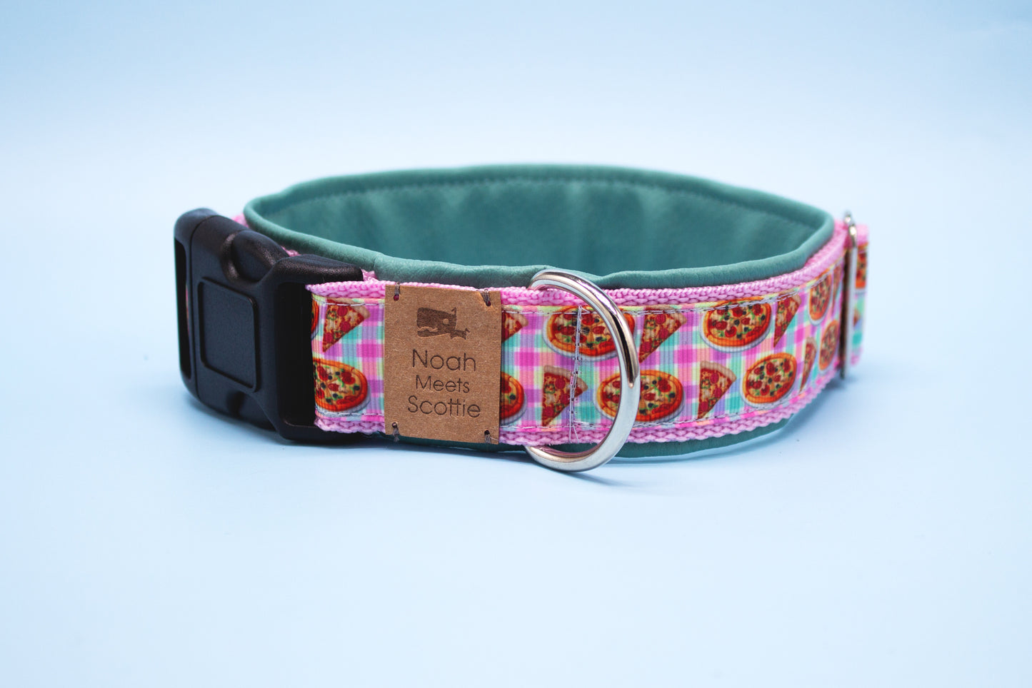 Hundehalsband PIZZAPAW – witziges Pizza-Design in Rosa und Türkis, weich gefüttert, verstellbar, einzigartig und bequem für Hunde