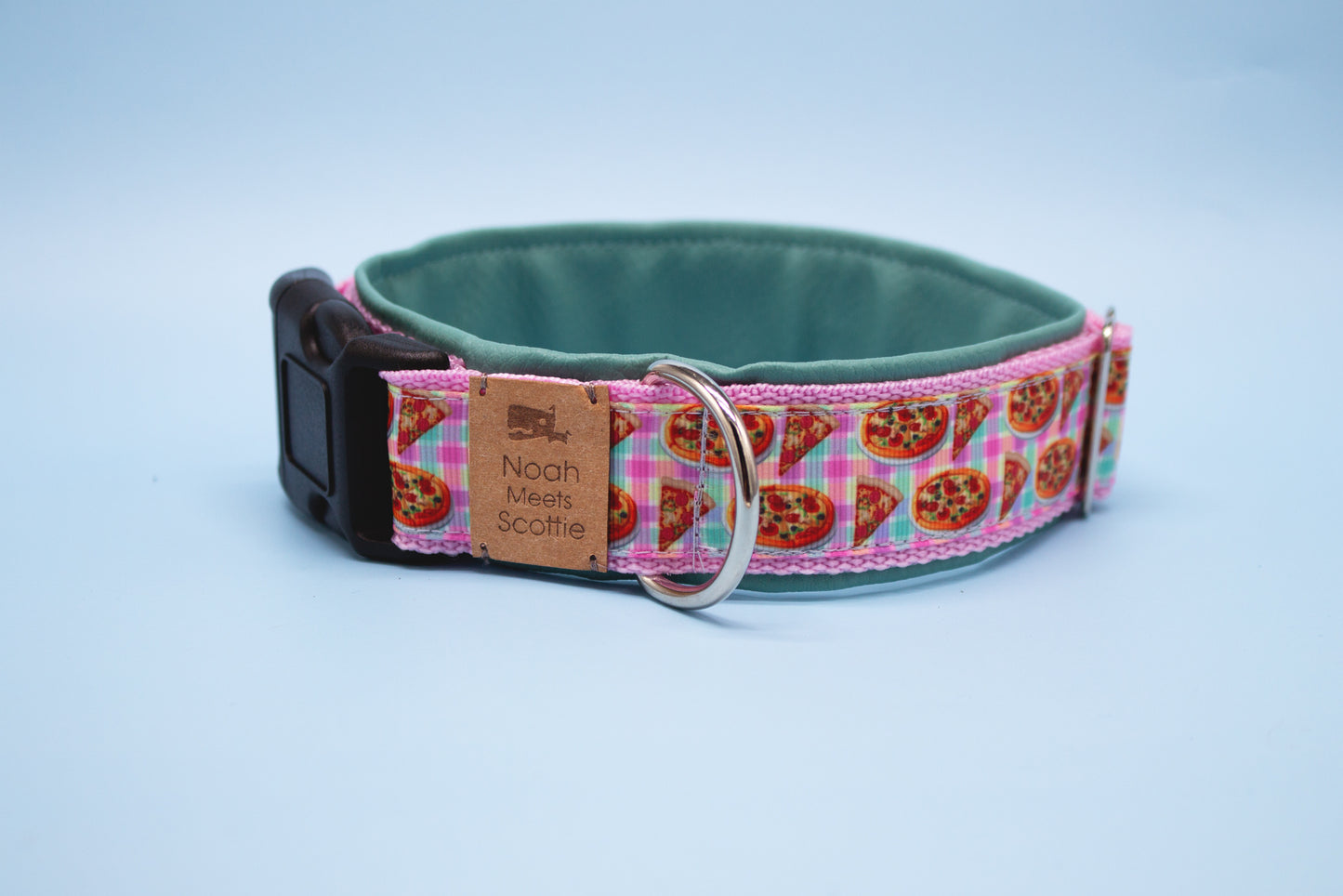 Hundehalsband PIZZAPAW – witziges Pizza-Design in Rosa und Türkis, weich gefüttert, verstellbar, einzigartig und bequem für Hunde