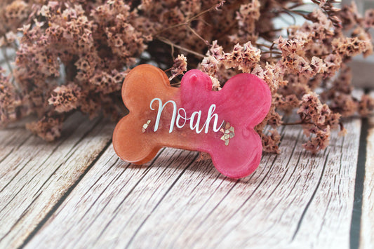 Hundemarke FLAMINGO SUNSET im Knochen-Design mit Farbverlauf Gold, Bronze und Rosa, Resin, wetterfestes Unikat