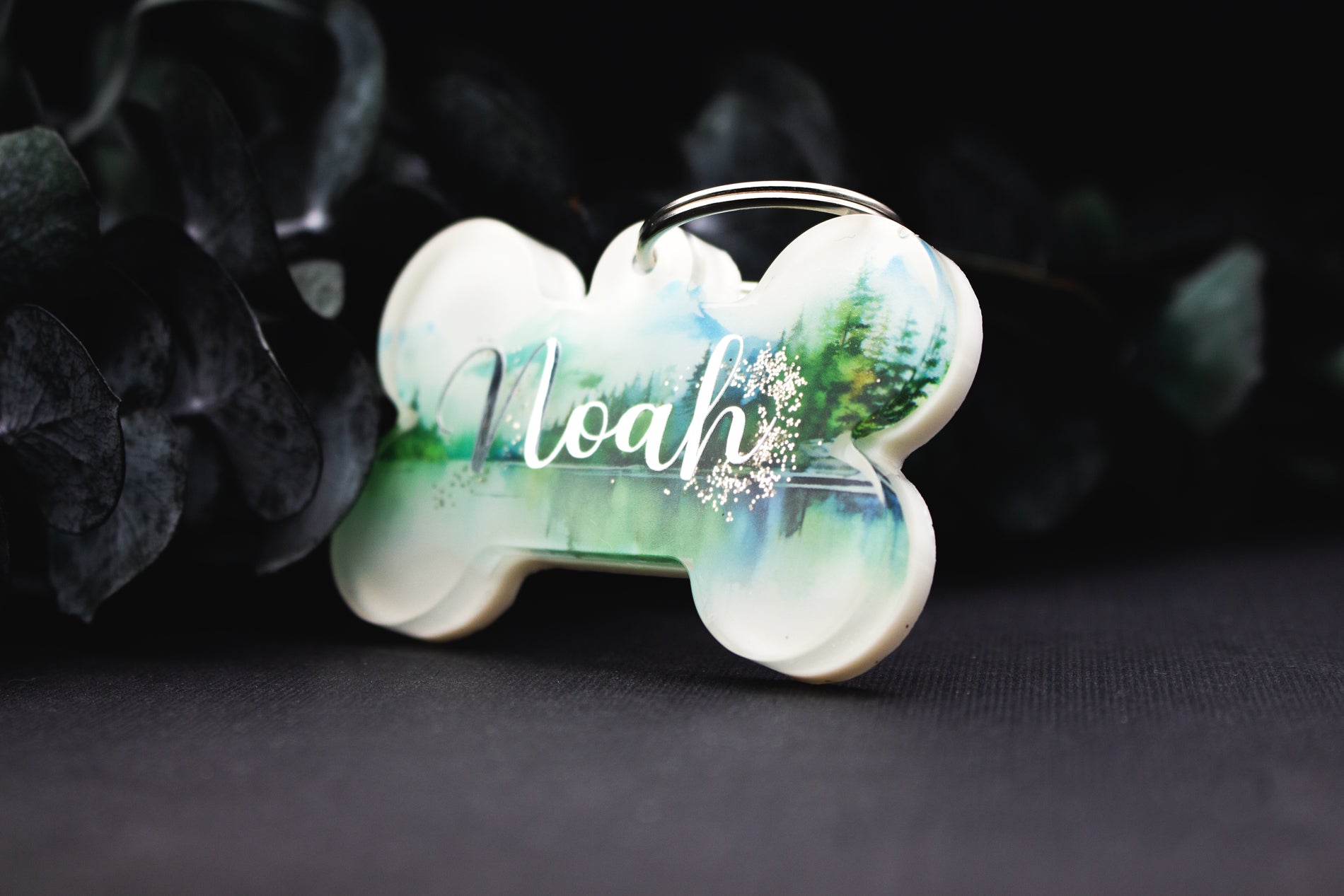 Runde Resin-Hundemarke SEENRAUSCH mit See und Bäumen, naturverbunden, wetterfest und pflegeleicht