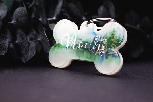 Hundemarke SEENRAUSCH mit See-Design und Bäumen, Resin, naturverbundenes Unikat