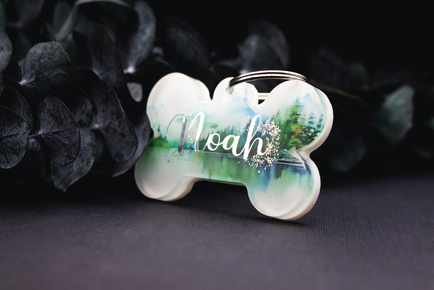 Runde Hundemarke SEENRAUSCH mit Wald- und Seemotiv, glänzende Resin-Oberfläche, wetterfest