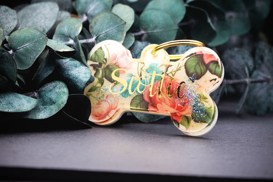 Hundemarke im Knochen-Design mit romantischem Rosenmotiv, Resin, Vintage Shabby Chic Landhaus Stil