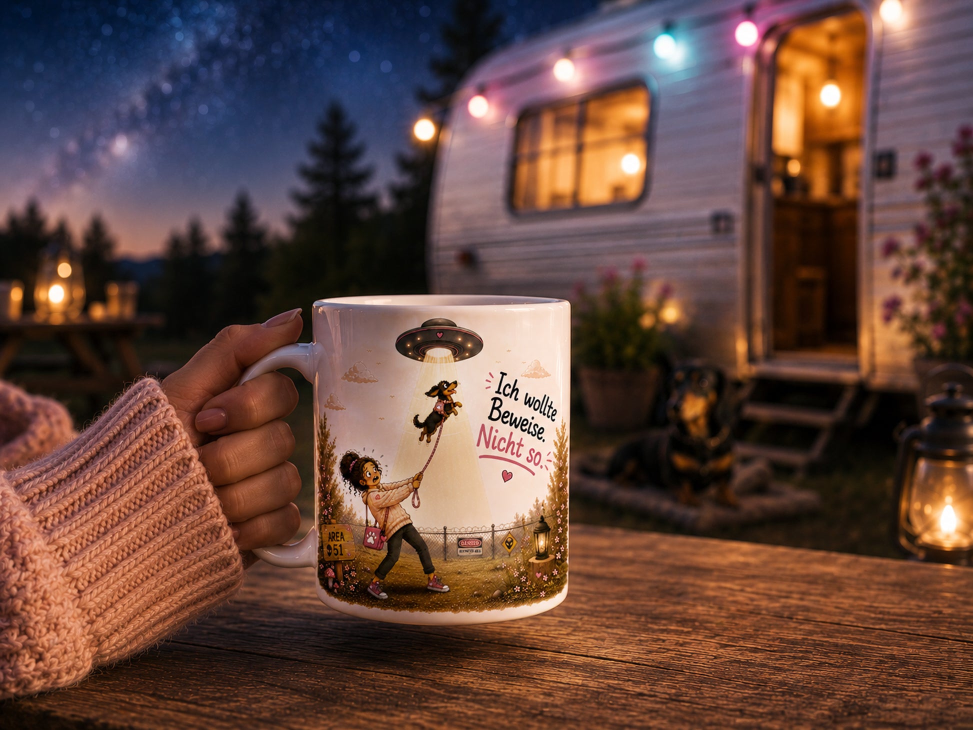 Alien Hundetasse mit UFO und entführtem Hund, originelle Geschenkidee für Hundemamas, Nerds und Hundefreunde