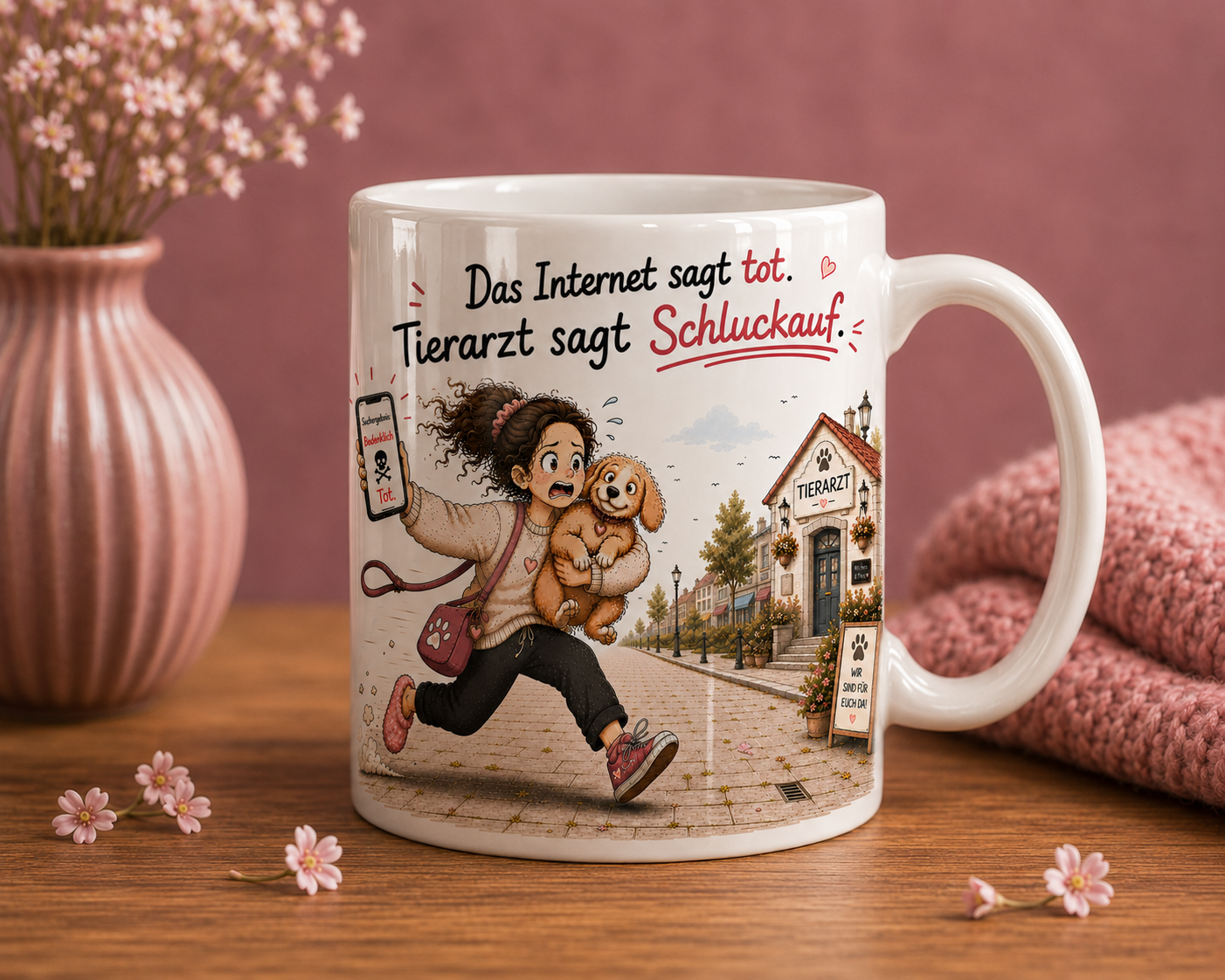 Lustige Hundetasse als Geschenk für Hundemama mit humorvollem Motiv über Google Panik und Tierarzt Alltag mit Hund
