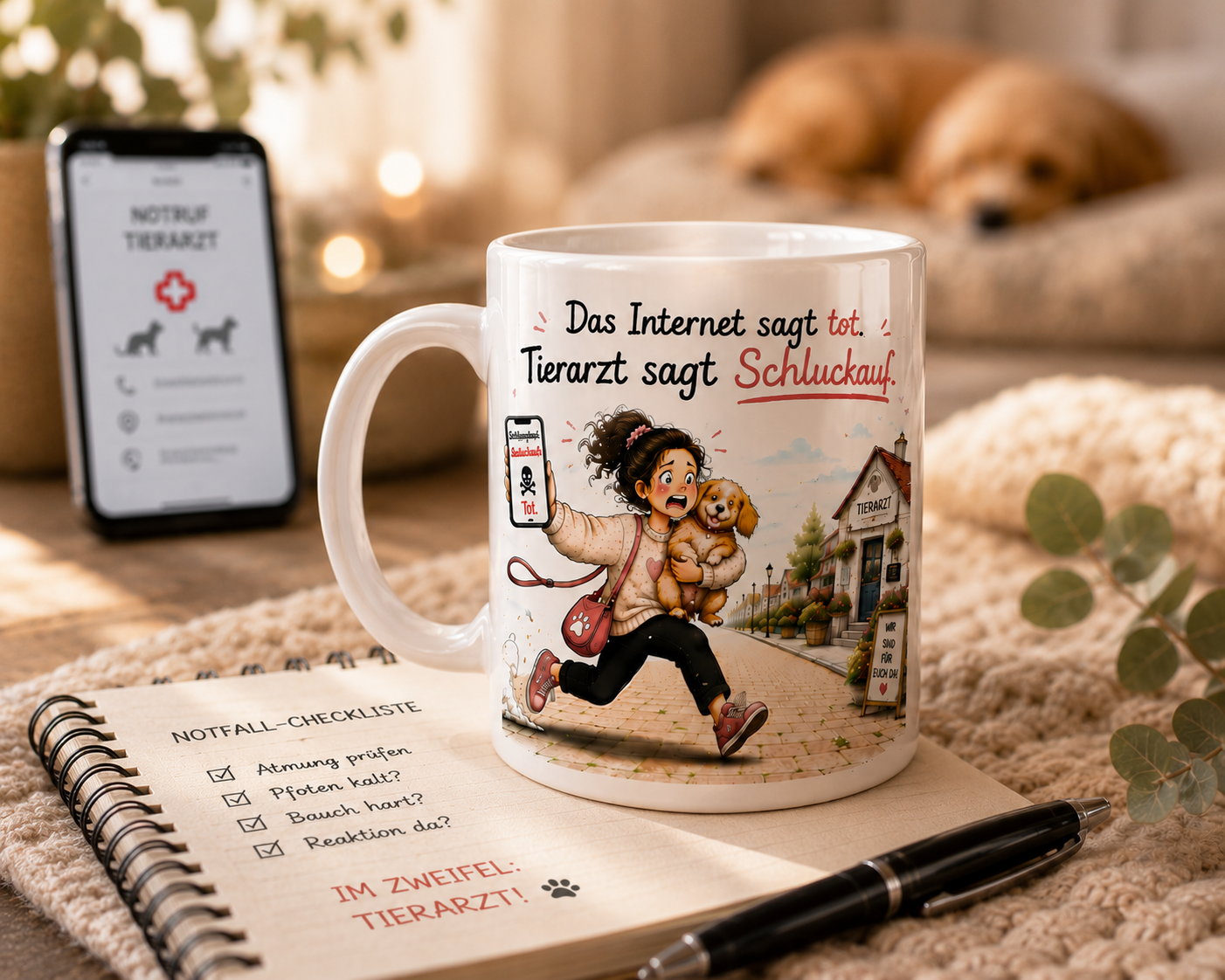 Geschenk für Hundebesitzer mit Hundetasse und Spruch über Hundemama Panik bei kleinen Symptomen des Hundes
