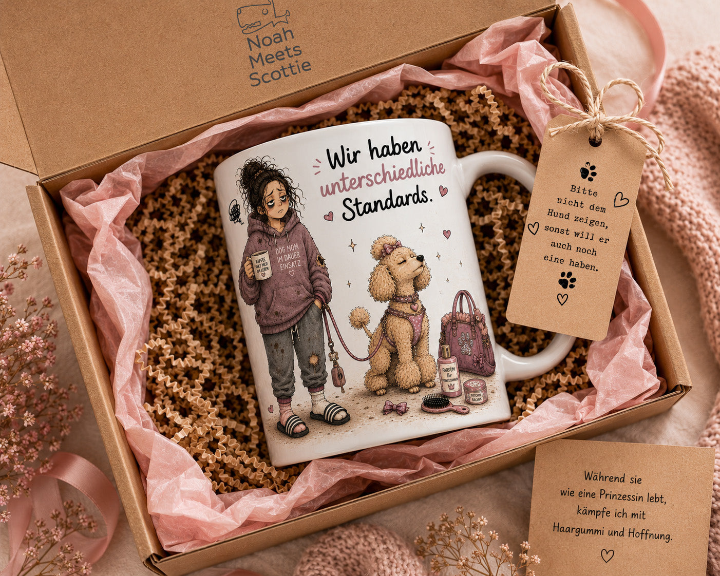 Hundetasse mit Spruch Wir haben unterschiedliche Standards für Hundemamas, lustiges Geschenk für Hundeliebhaber in Geschenkverpackung