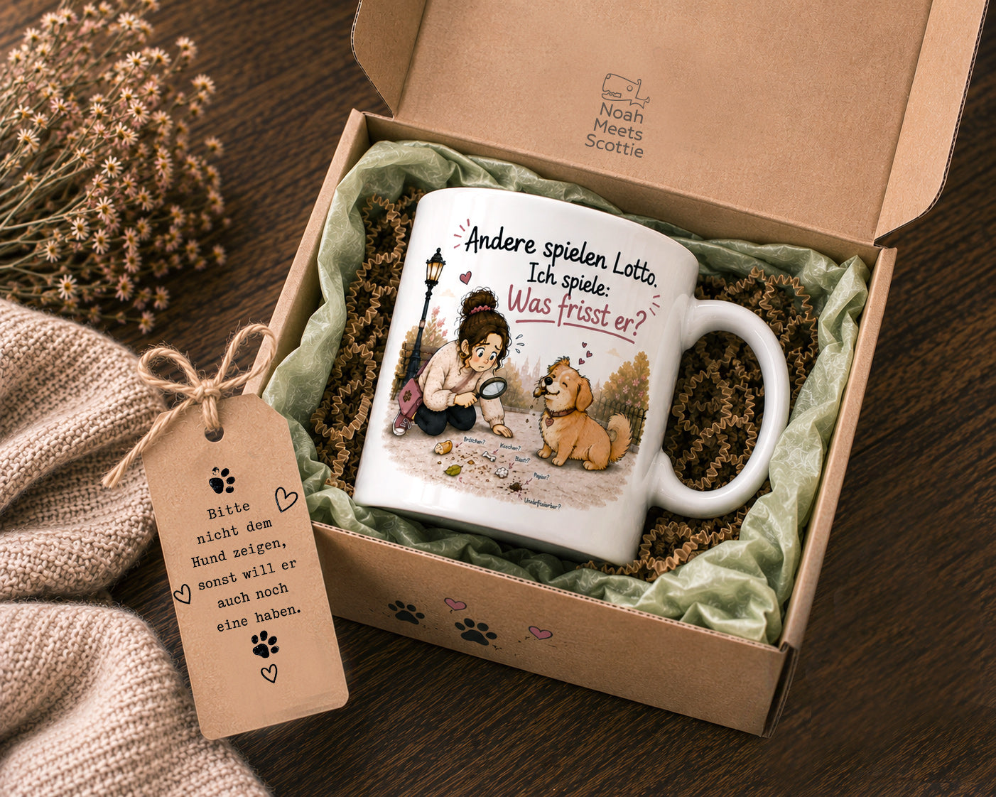 Hundetasse mit Spruch Andere spielen Lotto, ich spiele Was frisst er, lustiges Geschenk für Hundebesitzer