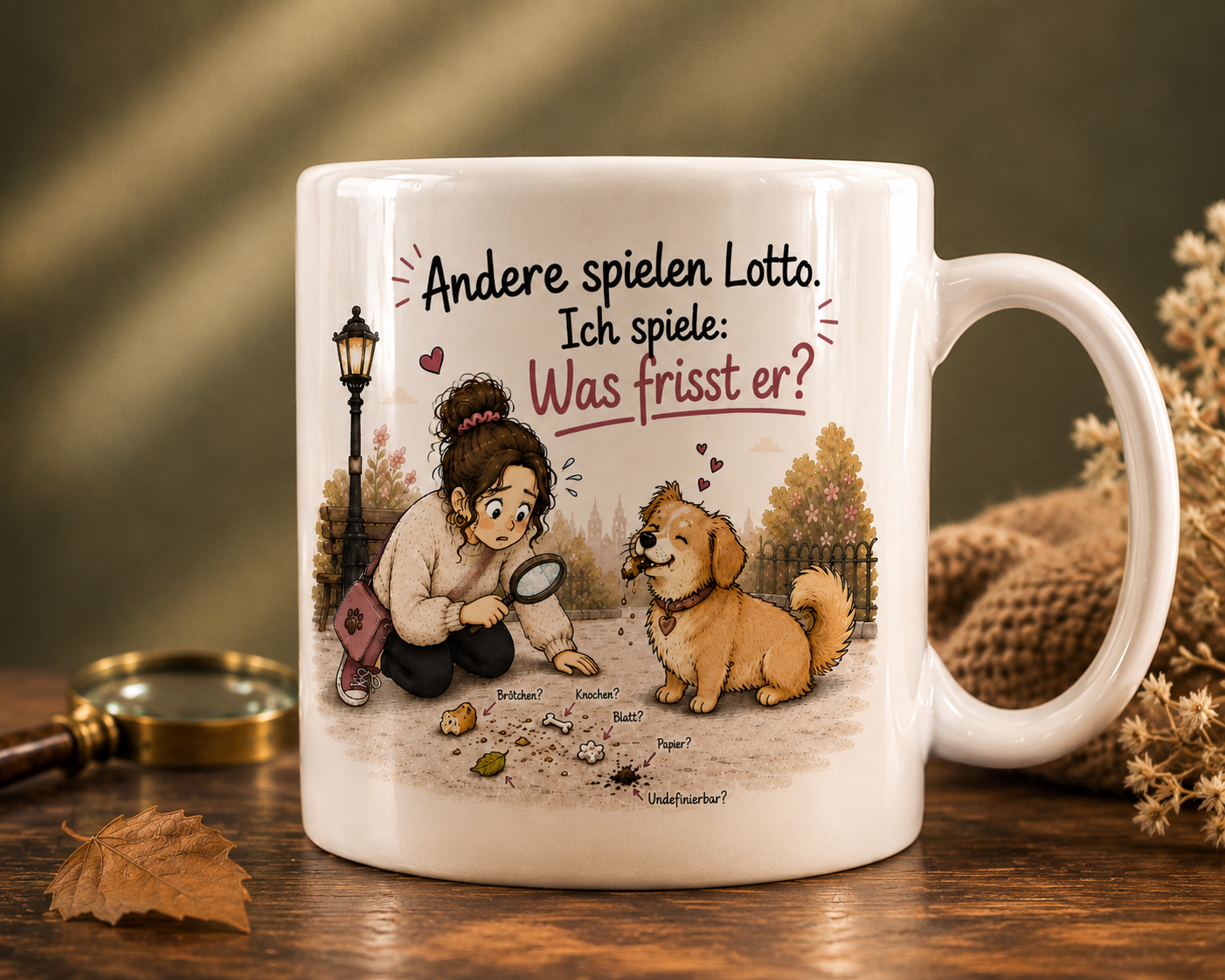 Lustige Hundetasse über den typischen Hundealltag beim Spaziergang, Geschenk für Hundemama und Hundebesitzer