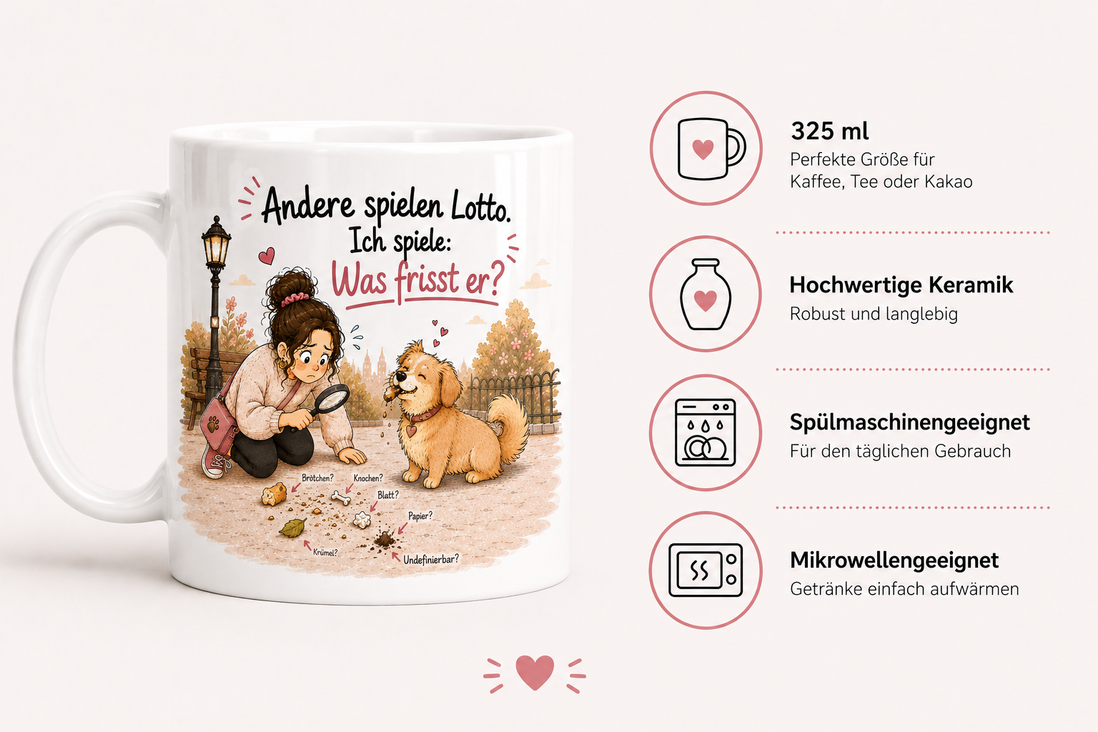 Geschenk für Hundebesitzer mit lustiger Hundetasse über den täglichen Spaziergang und neugierige Hunde