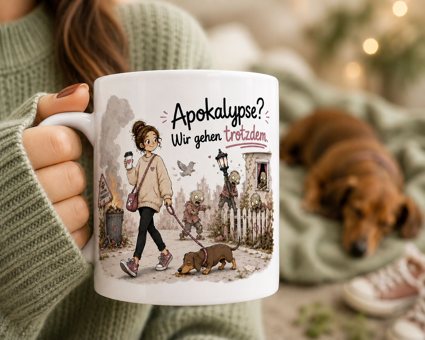 Zombie Hundetasse mit Dackel Motiv, lustiger Kaffeebecher für Hundemenschen, Hundemama Geschenk und Dackel Geschenk
