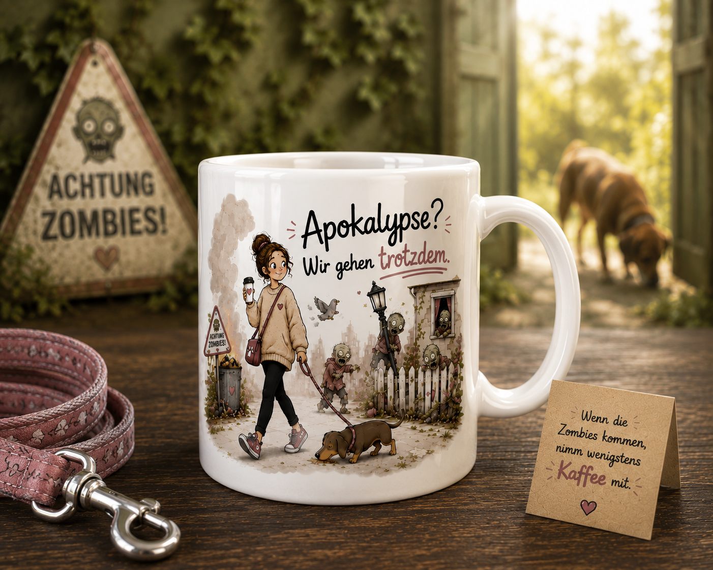 Lustige Hundetasse mit Zombie Motiv und Dackel in hochwertiger Geschenkbox, Geschenk für Hundemama, Hundehalter und Hundeliebhaber