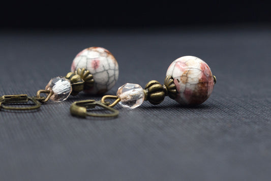 Keramik Ohrringe Rosa Weiß Vintage Mosaik – romantischer Boho Schmuck