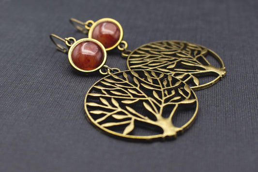 Antik-Bronze-Ohrringe mit Baum-Anhänger und bernsteinbraunem Cabochon