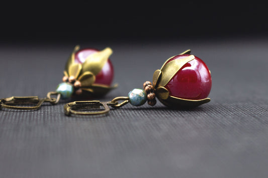 Ohrringe Glasperlen Rot Antik Bronze – romantischer Vintage Schmuck Sommer Hochzeit