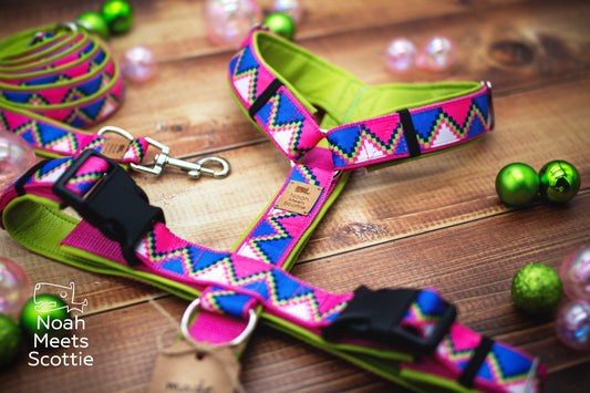Hundegeschirr Zig-a-Zag-a-Zoom mit buntem Pixel-Zickzackmuster in Pink, Blau, Weiß und Hellgrün