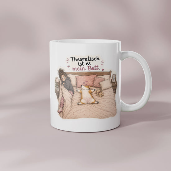 360 Grad Ansicht der Hundetasse „Theoretisch ist es mein Bett“ in Geschenkbox mit Corgi Motiv und Überraschungsstickern