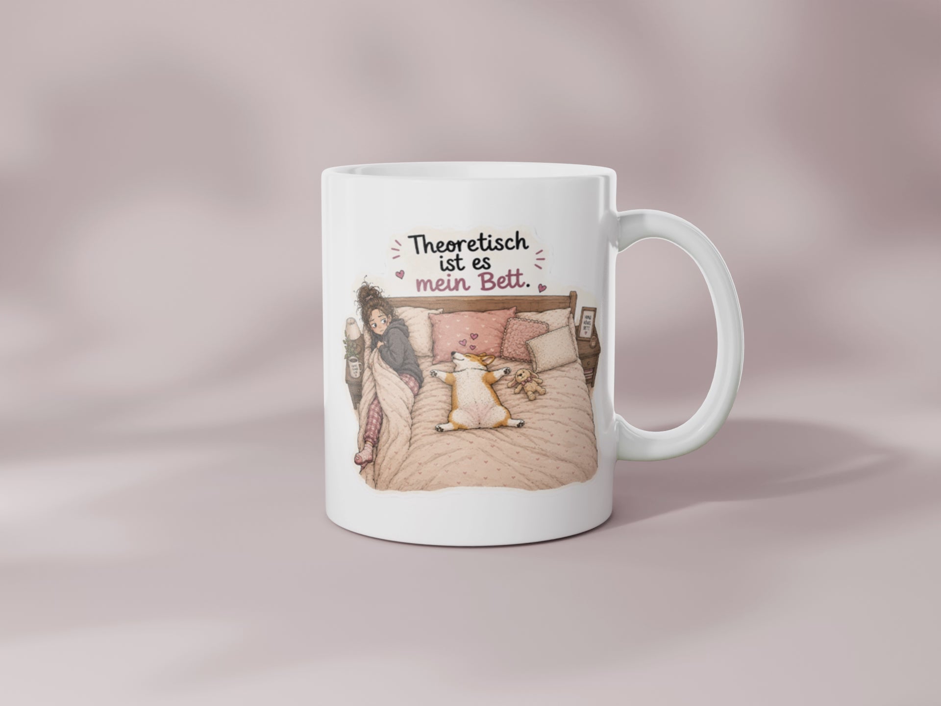 360 Grad Ansicht der Hundetasse „Theoretisch ist es mein Bett“ in Geschenkbox mit Corgi Motiv und Überraschungsstickern
