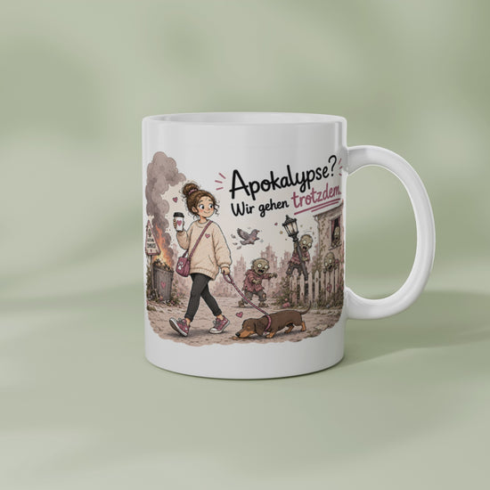 360 Grad Ansicht der lustigen Zombie Hundetasse mit Dackelmotiv in Geschenkbox, Geschenk für Hundemama, Hundehalter und Hundeliebhaber