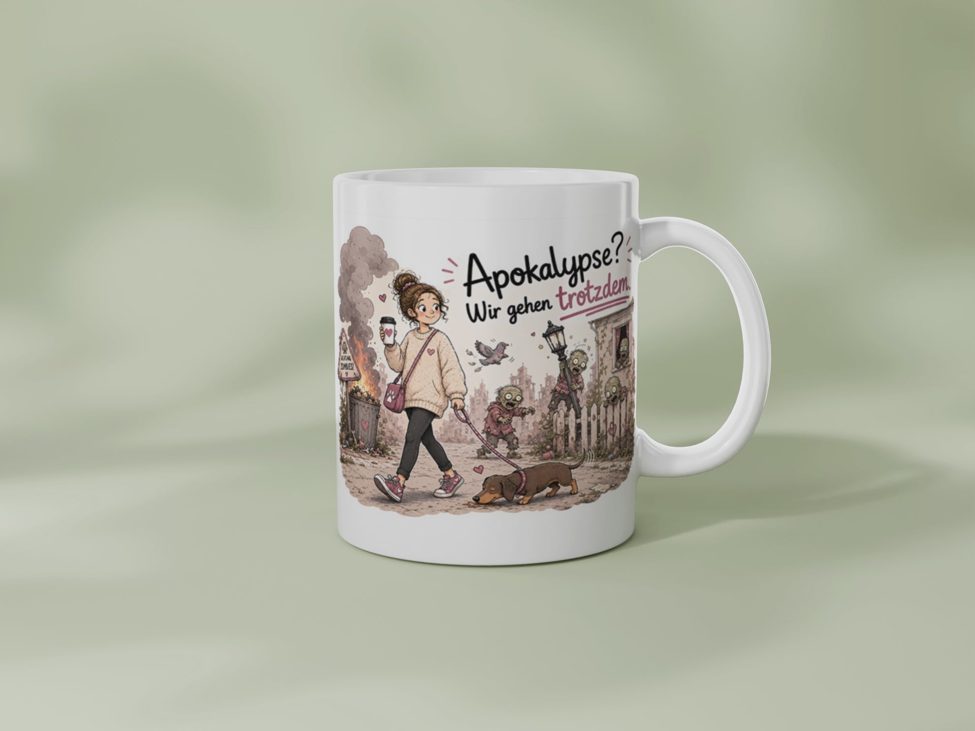 360 Grad Ansicht der lustigen Zombie Hundetasse mit Dackelmotiv in Geschenkbox, Geschenk für Hundemama, Hundehalter und Hundeliebhaber