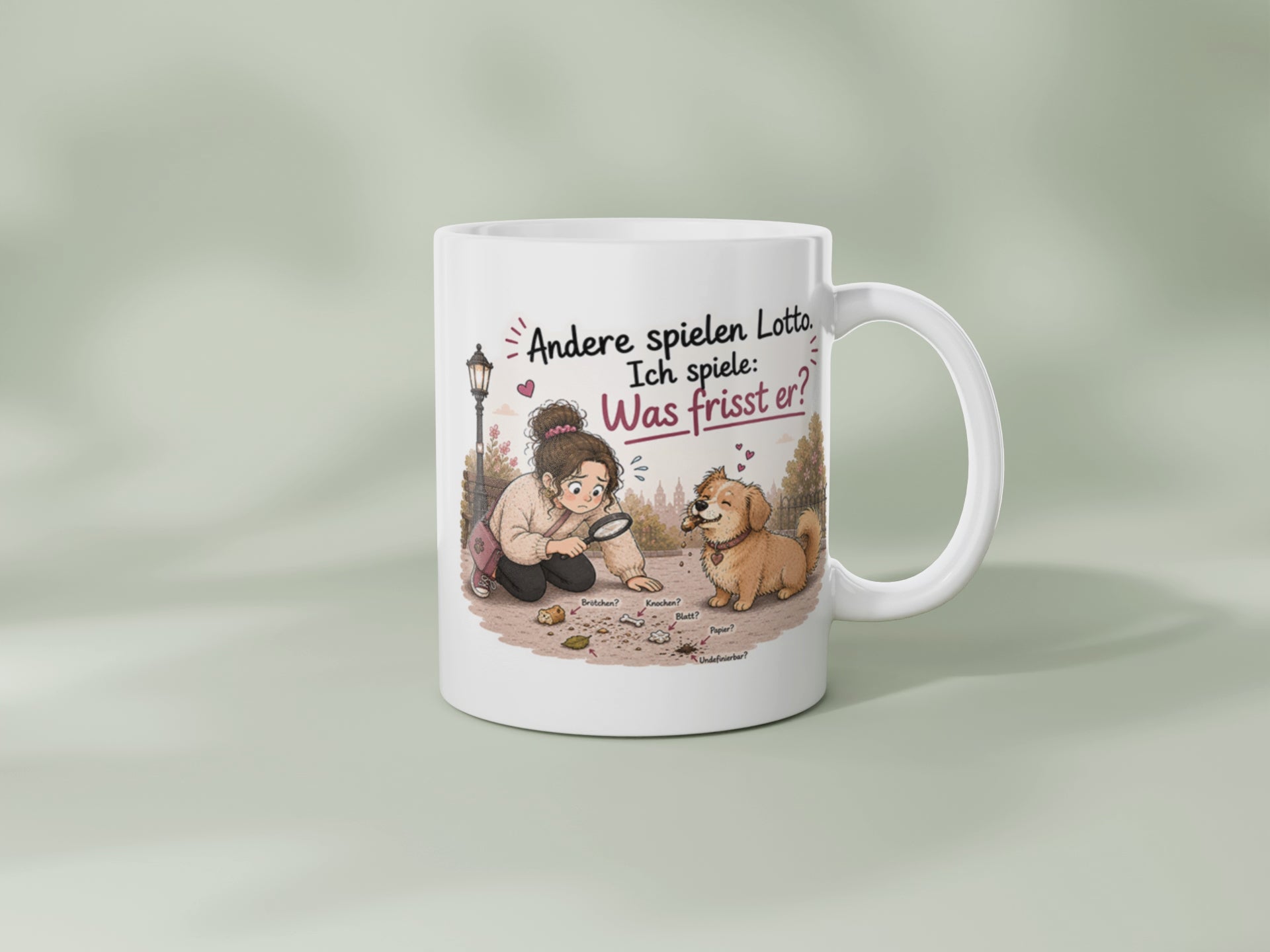 Drehansicht der Hundetasse „Andere spielen Lotto, ich spiele: Was frisst er?“ als Geschenk für Hundebesitzer und Hundemamas.