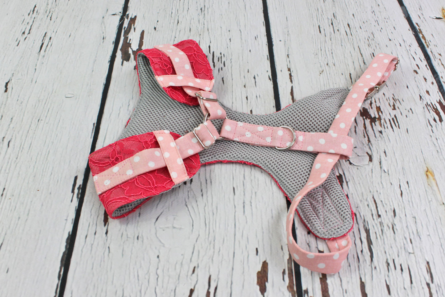Detailaufnahme Softgeschirr für Hunde Coral Lace mit feinem Spitzenstoff und gepunkteten Riemen