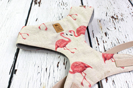 Softgeschirr für Hunde Flamingo Dream in Beige mit rosa Flamingos, weich gefüttert