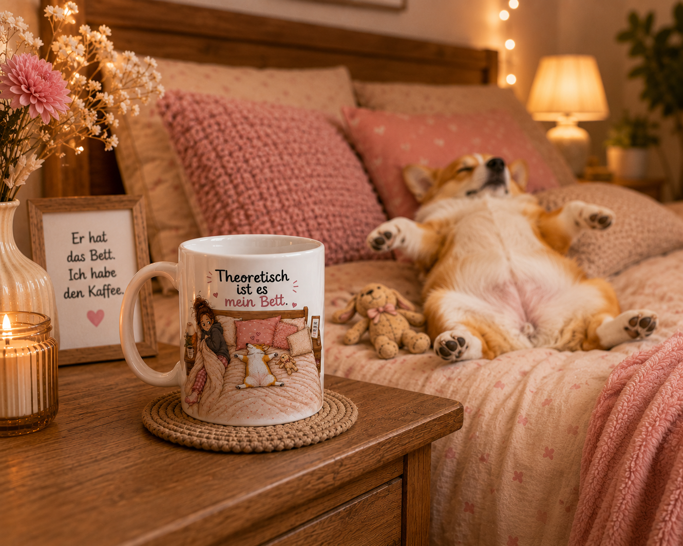 Nahaufnahme der Hundetasse Theoretisch ist es mein Bett mit liebevoller Illustration eines Corgis im Bett