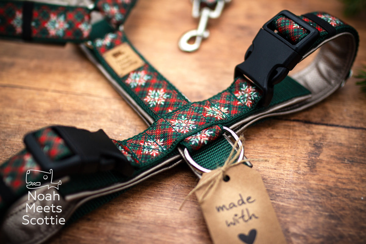 Kariertes Hundegeschirr für Weihnachten in Rot und Dunkelgrün mit weißen Schneeflocken