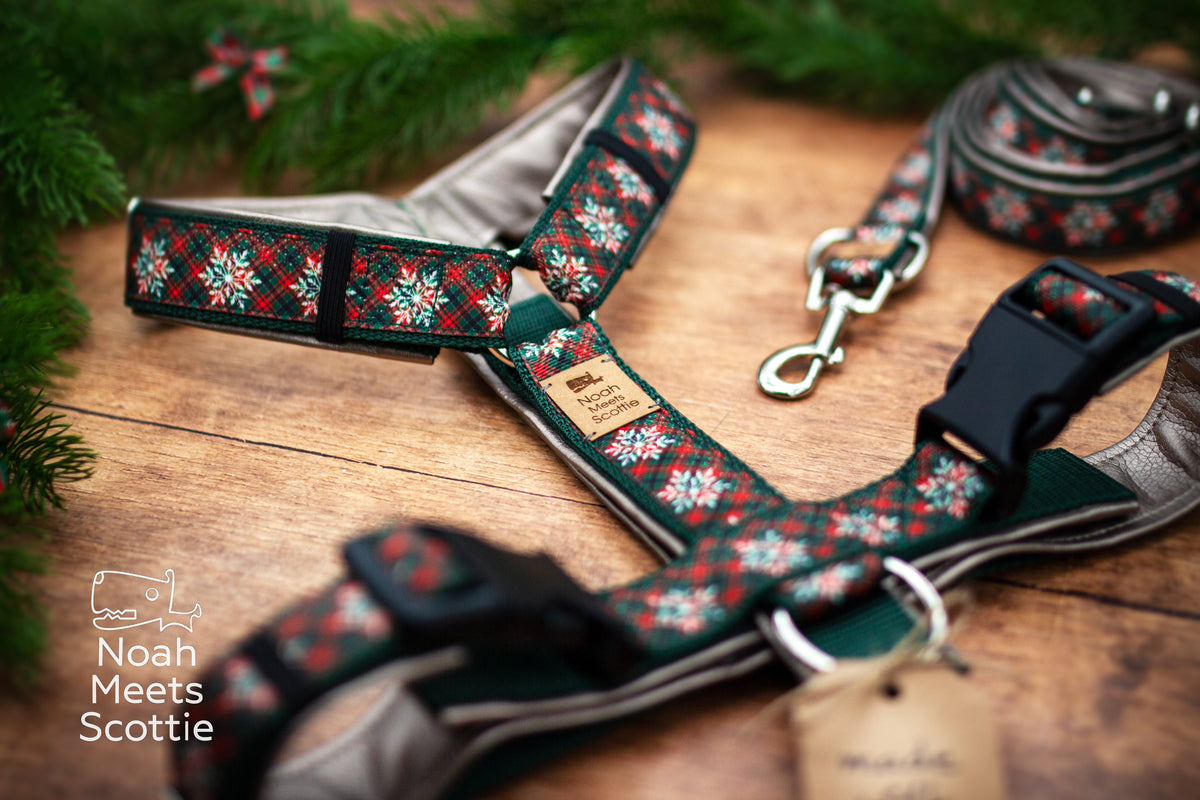 Weihnachts-Hundegeschirr TINSEL & TALES mit rot-grünem Karomuster und großen weißen Schneeflocken