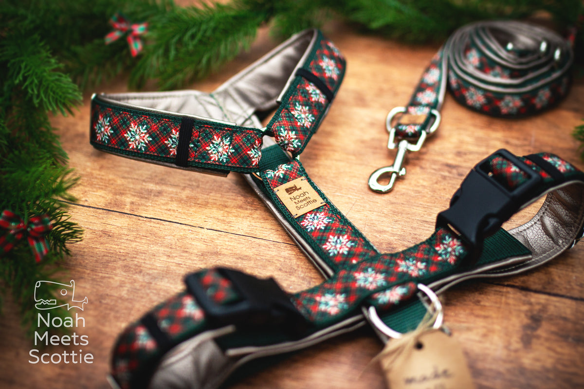TINSEL & TALES Hundegeschirr mit rot-grünem Tartan-Muster und weißen Schneeflocken