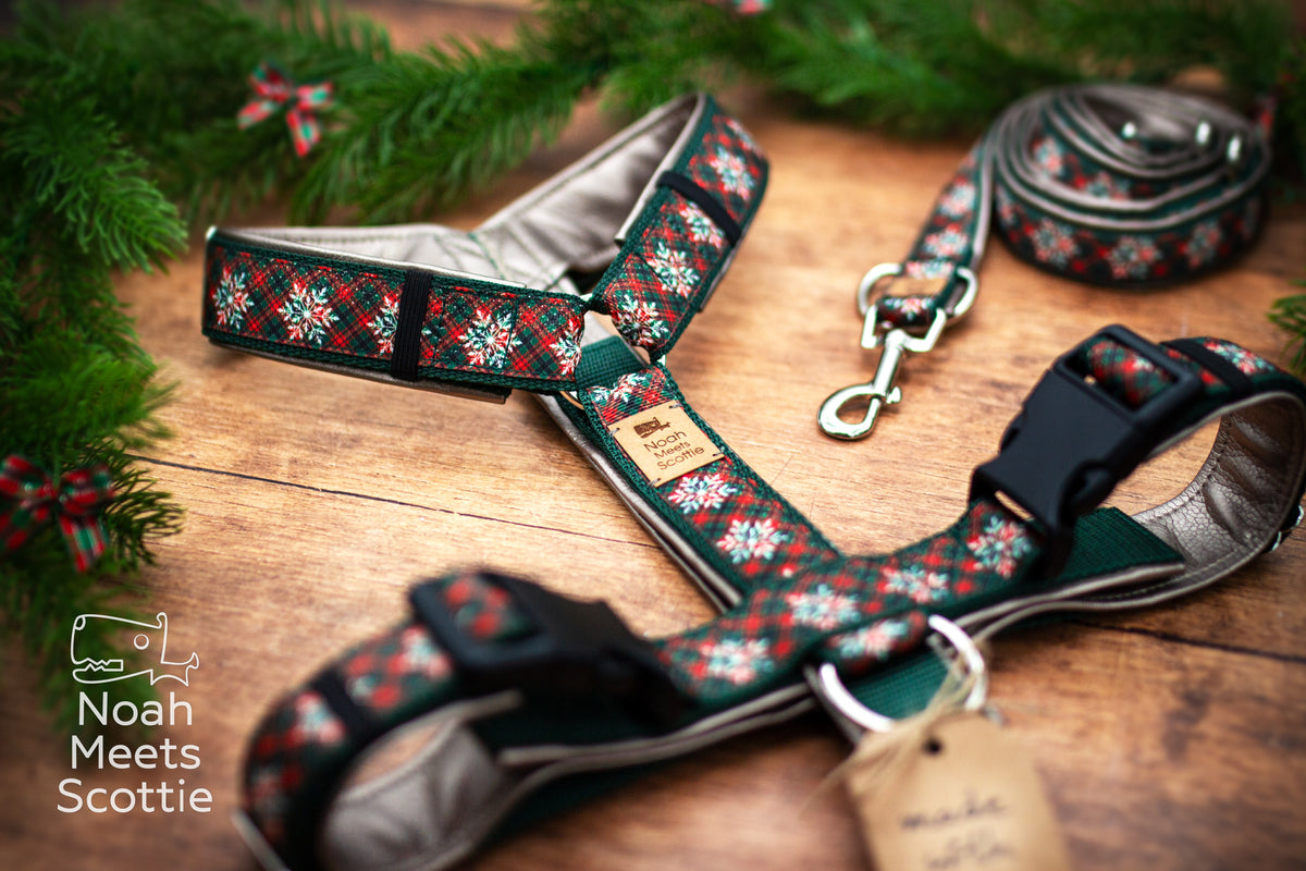 Winterliches Hundegeschirr TINSEL & TALES mit Schneeflocken auf klassischem rot-grünem Karo
