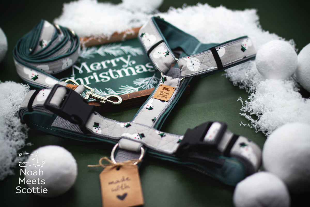 Handgefertigtes Hundegeschirr mit winterlichem Schneemannmuster, grauem Gurtband und salbeigrüner Innenpolsterung.