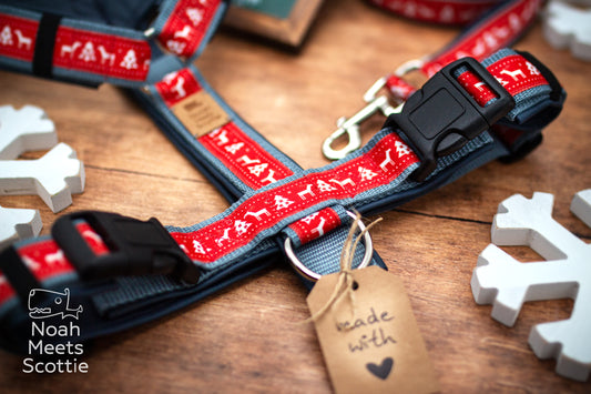 Weihnachts-Hundegeschirr KNITMAS EVE in Rot mit weißen Rentieren, Tannen und nordischer Strickmuster-Optik.